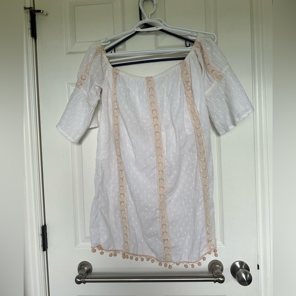 Tularosa Sara White Off the Shoulder Pom Trim Swiss Dot Shift Dress - Picture 6 of 6